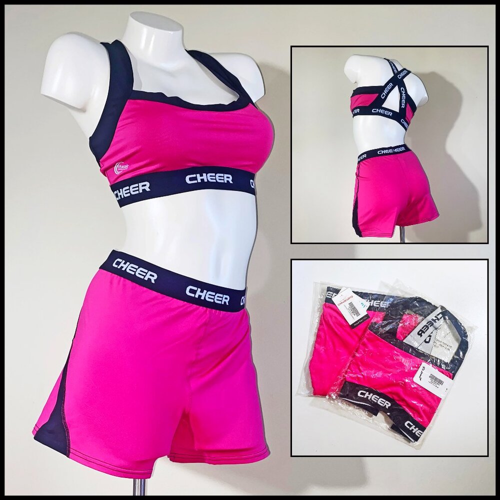NEW "CHASSE" XXL HOT PINK AND BLACK CHEER OUTFIT - SPORTS BRA & SHORTS